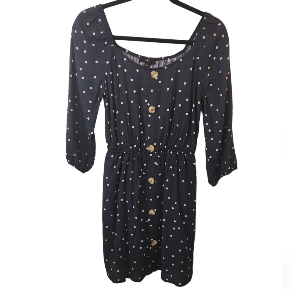 EAM Navy Blue and White Polka Dot Three Quarter Length Dress Size S